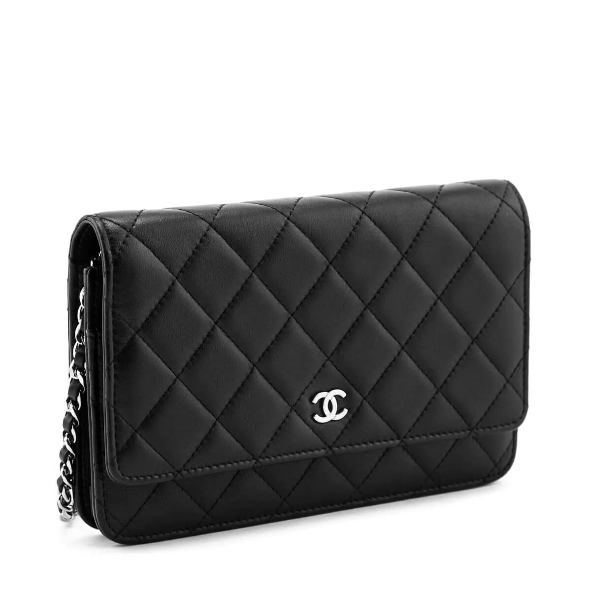 CHANEL Chanel Lambskin Leather Wallet on Chain Black with Silver Hardware - Vault 55