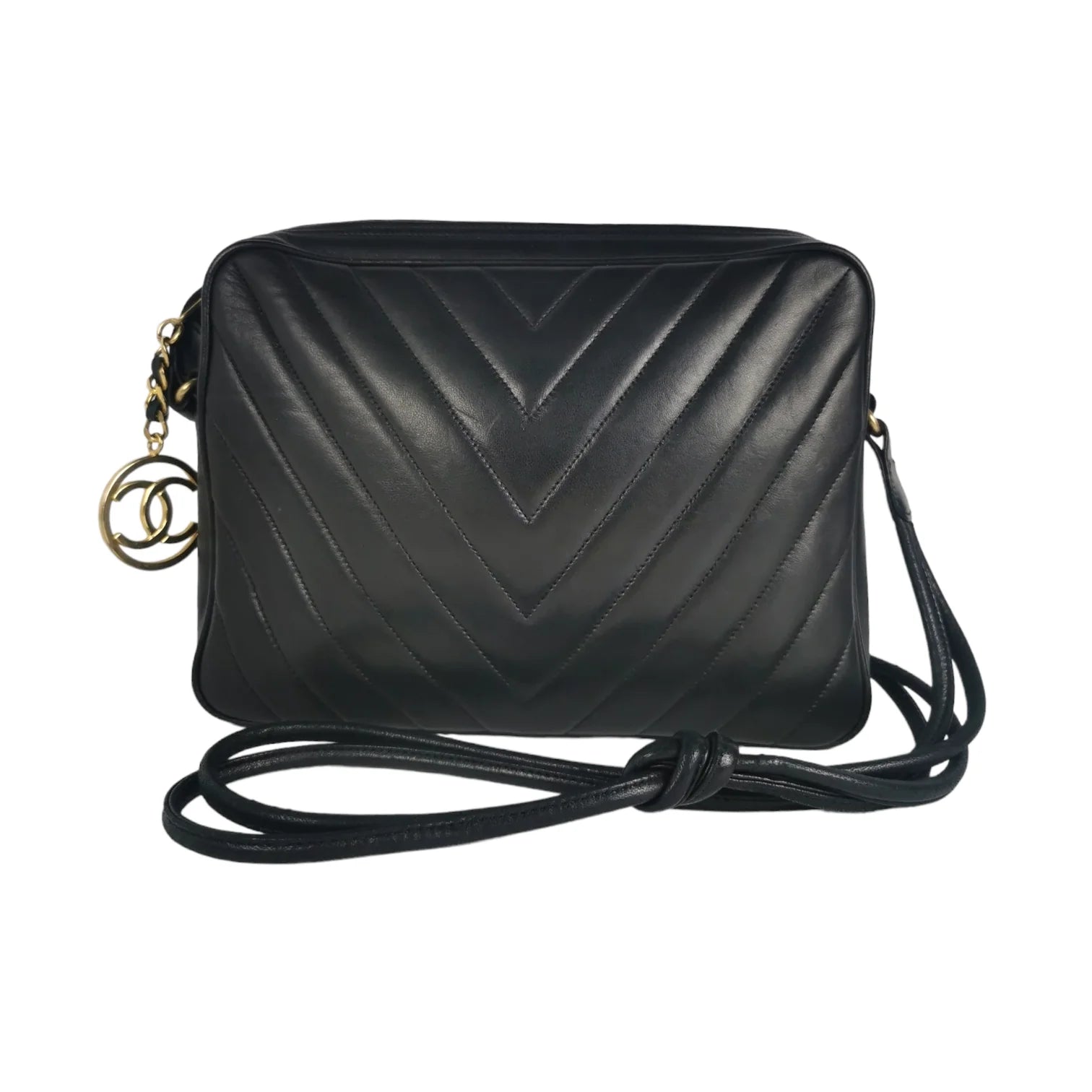 CHANEL Chanel Black Lambskin Leather Chevron Camera Bag with CC Charm - Vault 55
