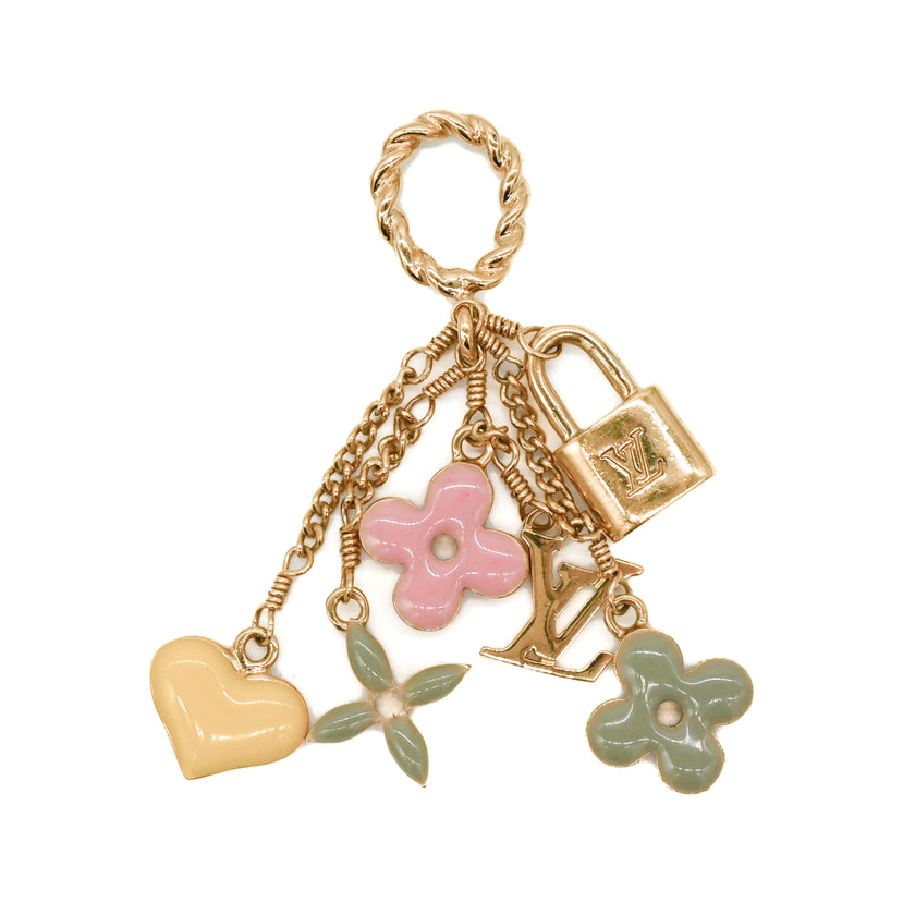 LOUIS VUITTON Bag charm Key chain holder AUTH LV Pink Blue Flower Gold F/S