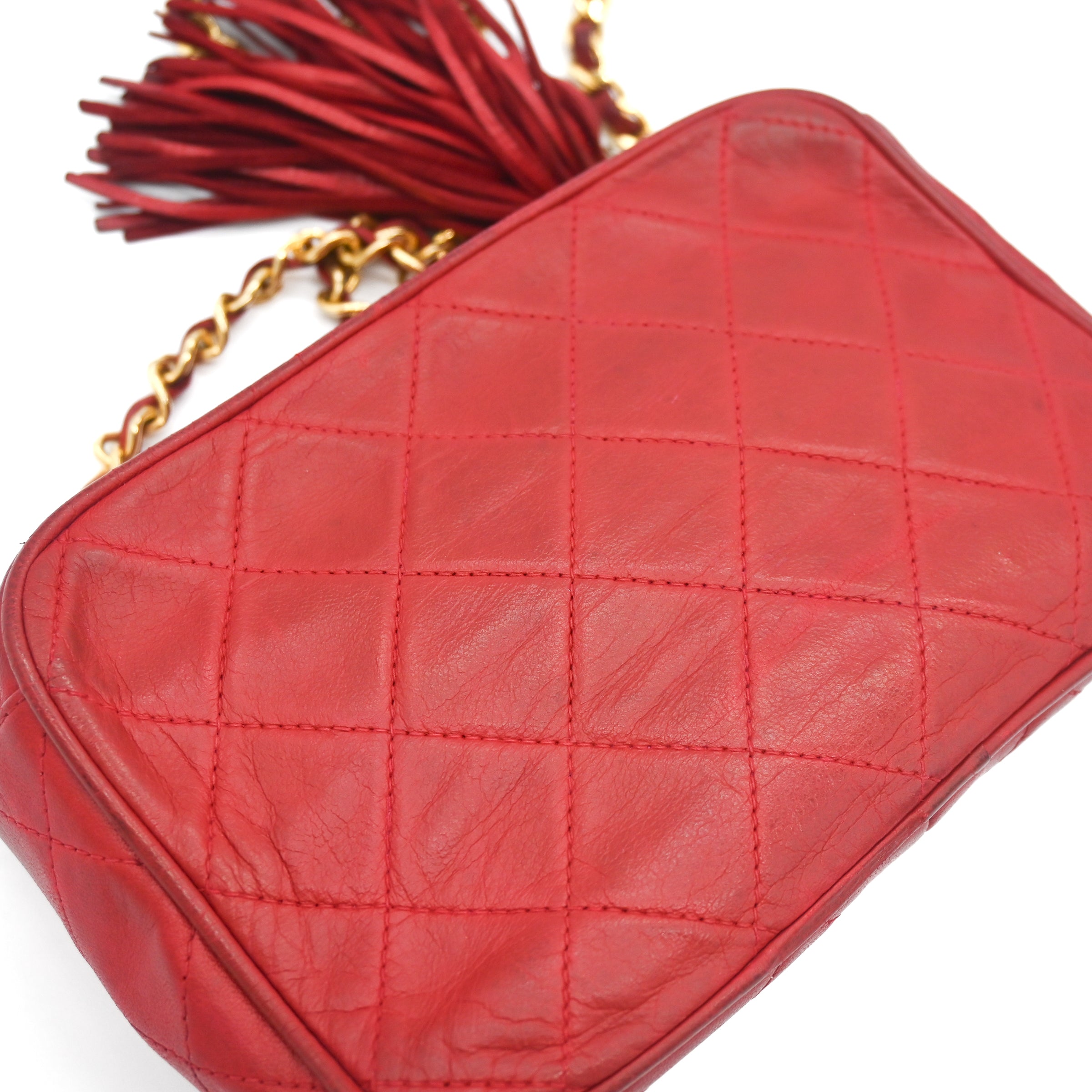 Chanel Vintage Diamond CC Camera Bag Quilted Red Leather Small