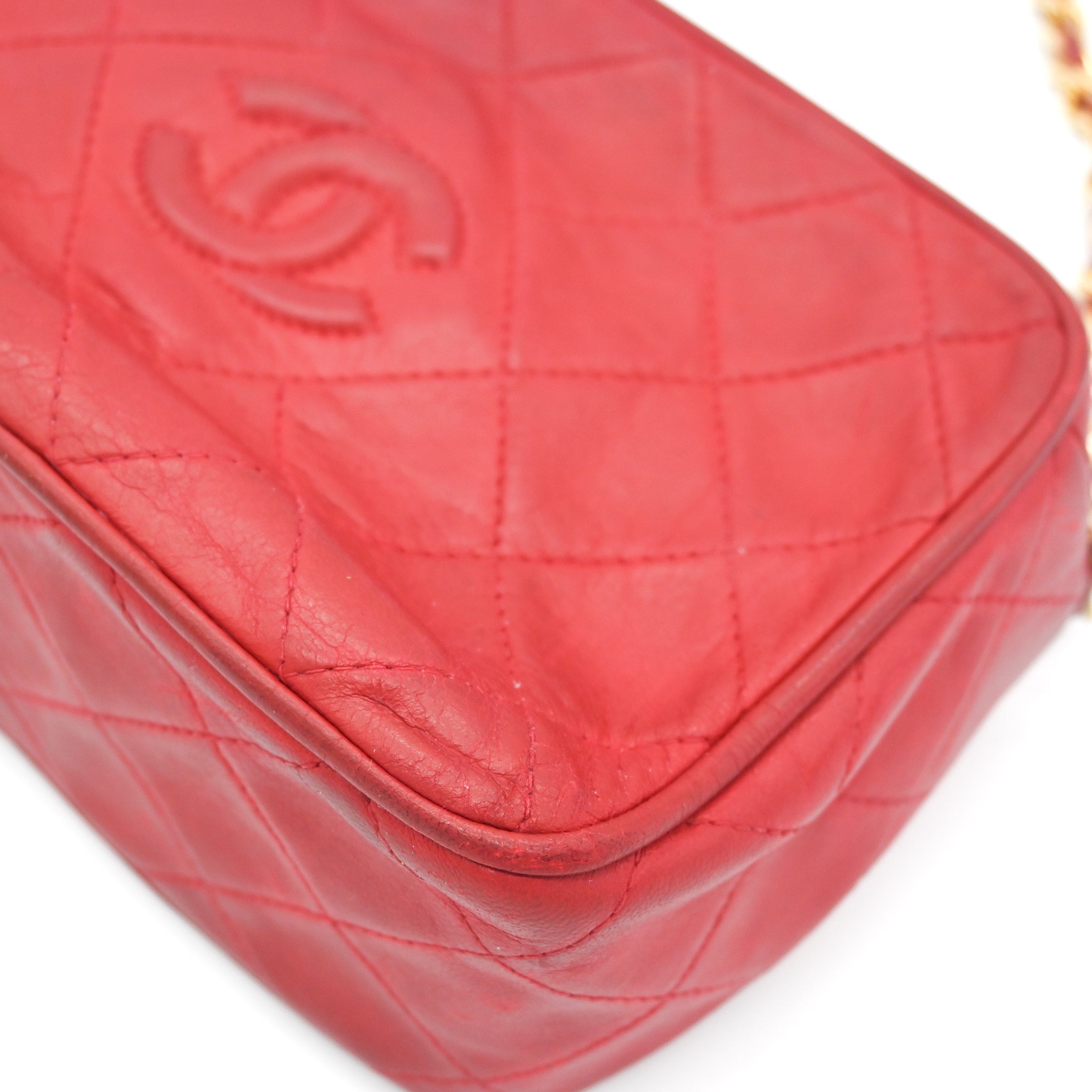 Chanel Vintage Diamond CC Camera Bag Quilted Red Leather Small