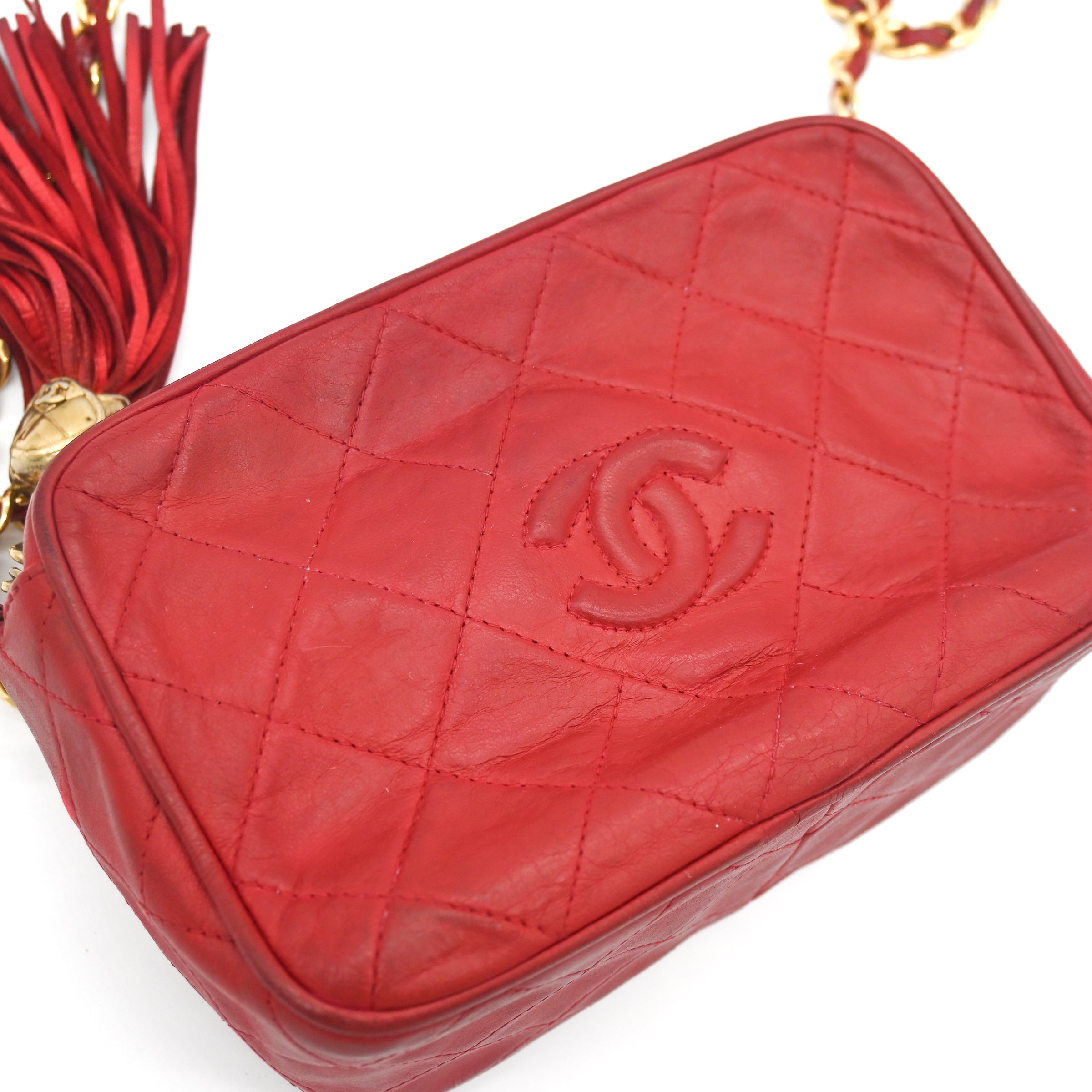 Chanel Vintage Diamond CC Camera Bag Quilted Red Leather Small