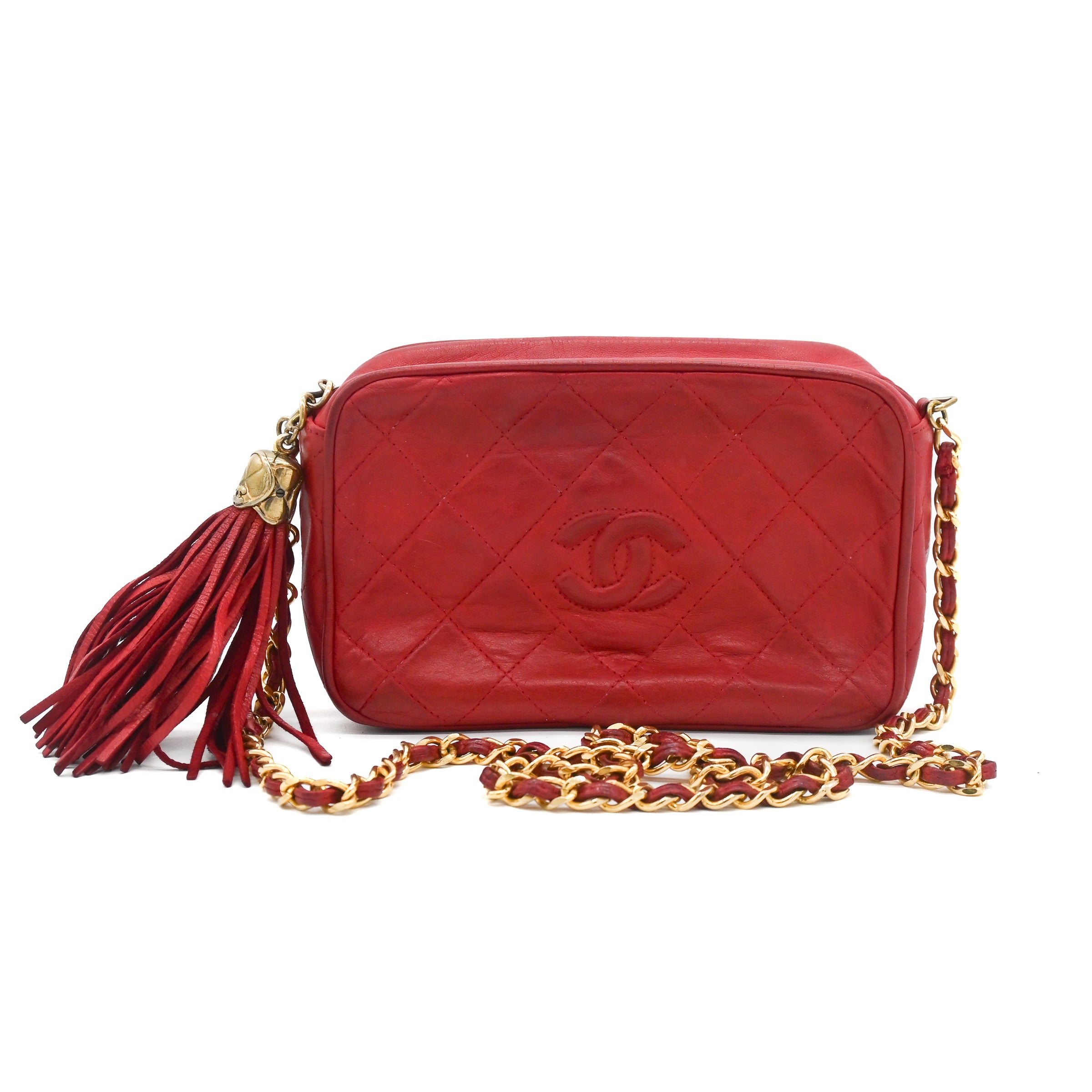 Chanel Vintage Diamond CC Camera Bag Quilted Red Leather Small