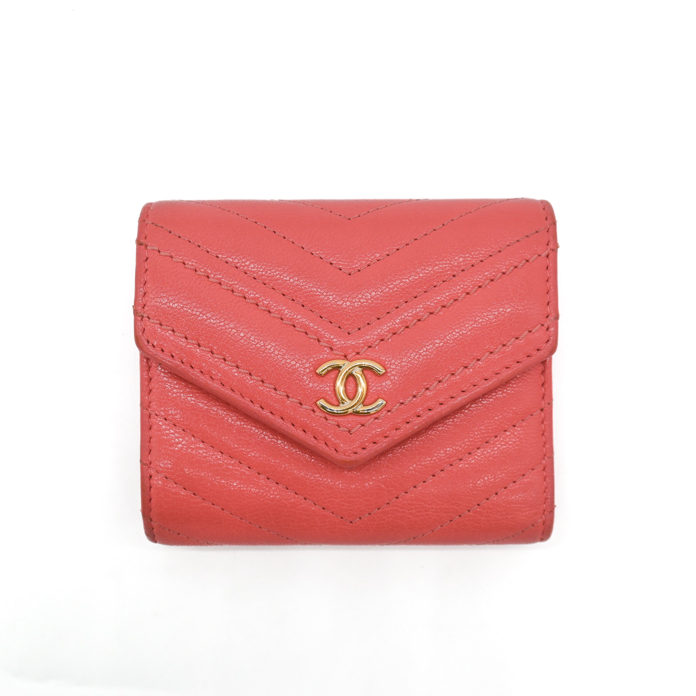 Chanel Coral Pink Chevron Lambskin Trifold Wallet