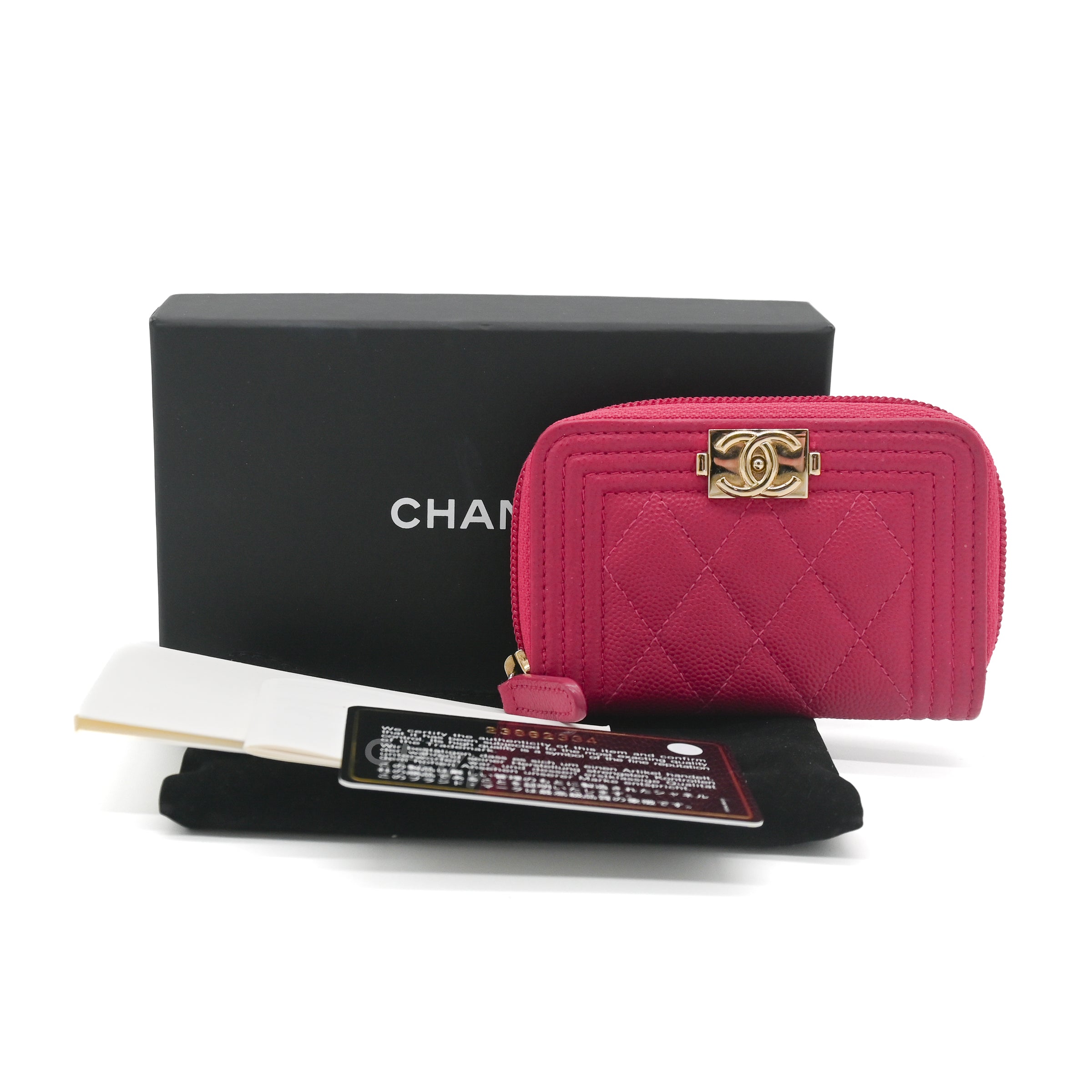 Chanel Berry Red Caviar Boy Zip Around Coin Purse / Cardholder