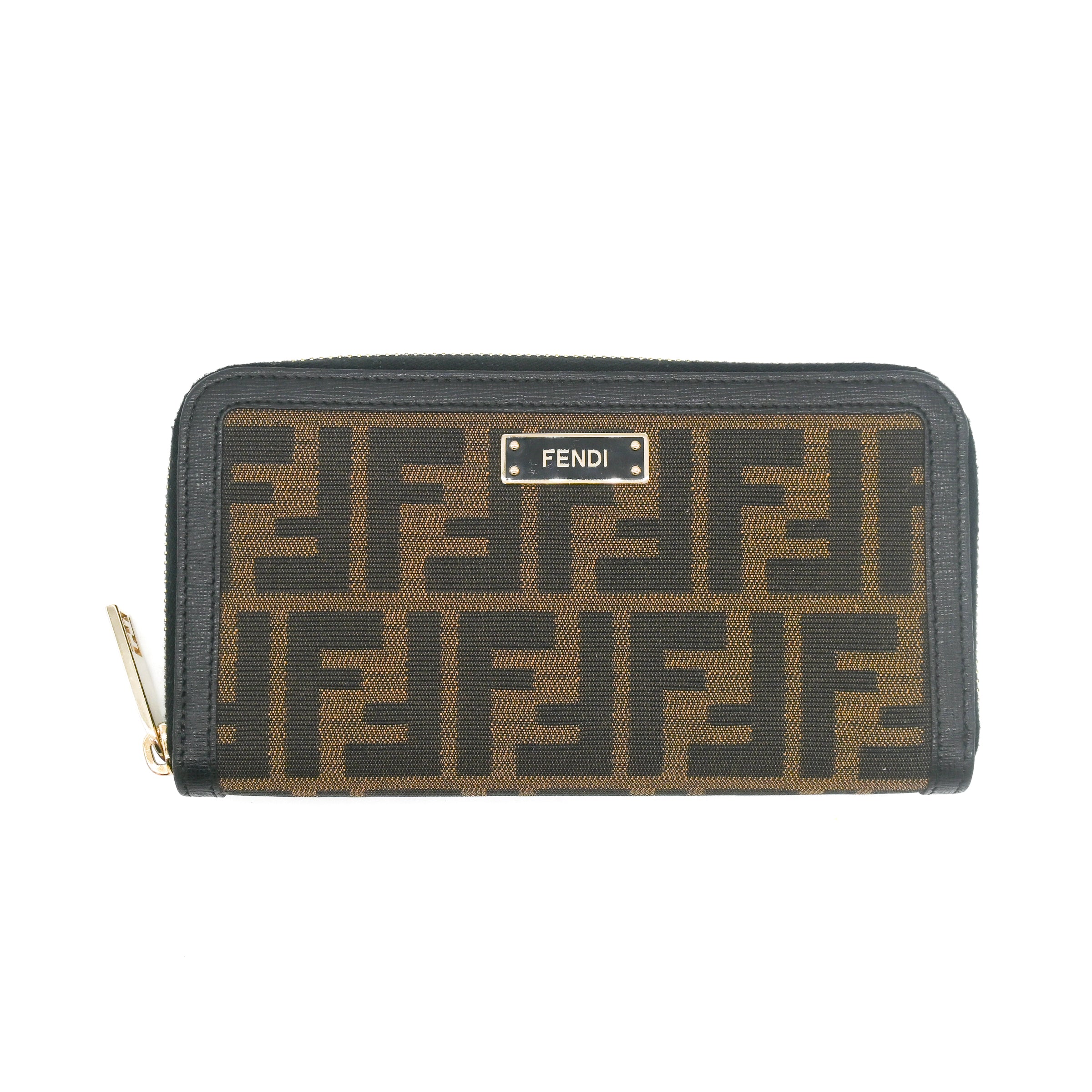 Fendi Brown/Black Zucca Canvas and Leather Zip Around Wallet