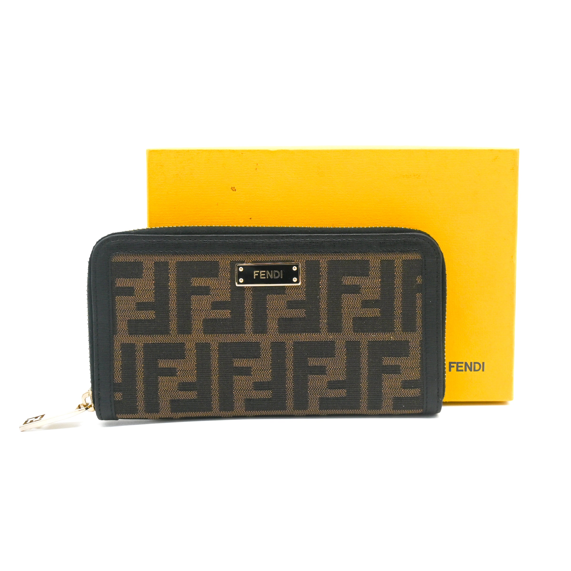 Fendi Brown/Black Zucca Canvas and Leather Zip Around Wallet