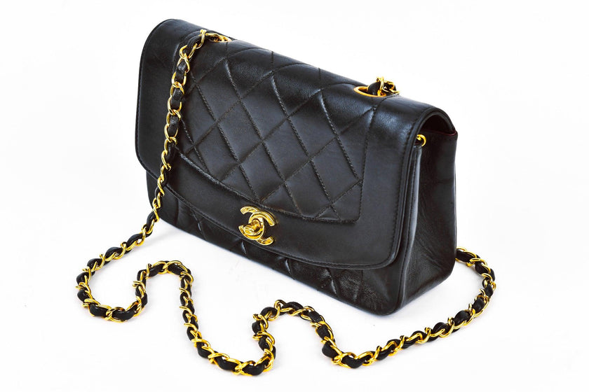 Vintage 90s Chanel Classic Diana Black Quilted Small Flap Bag with