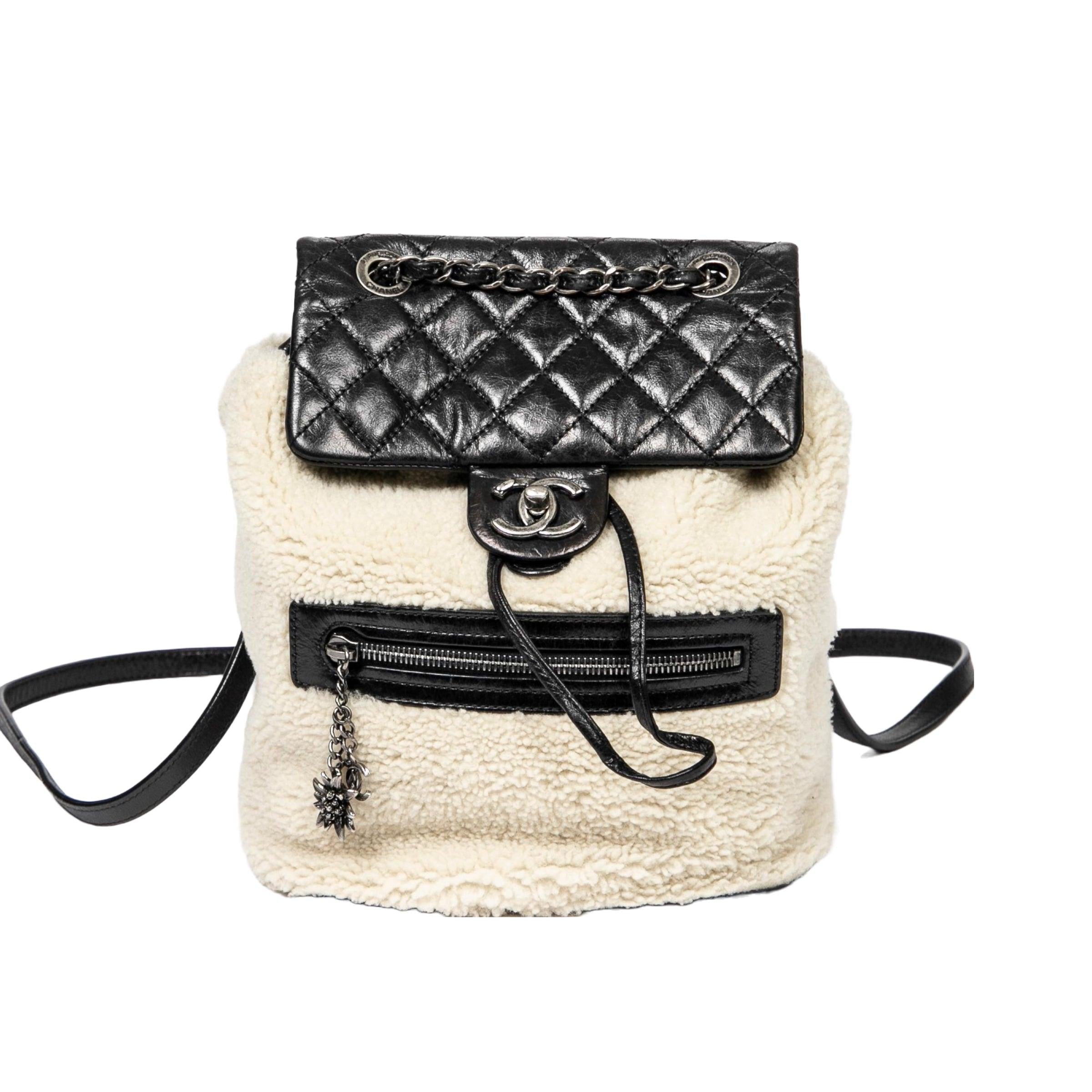 CHANEL Small Paris-salzburg Mountain Creme and Black Shearling Wool Backpack - Vault 55