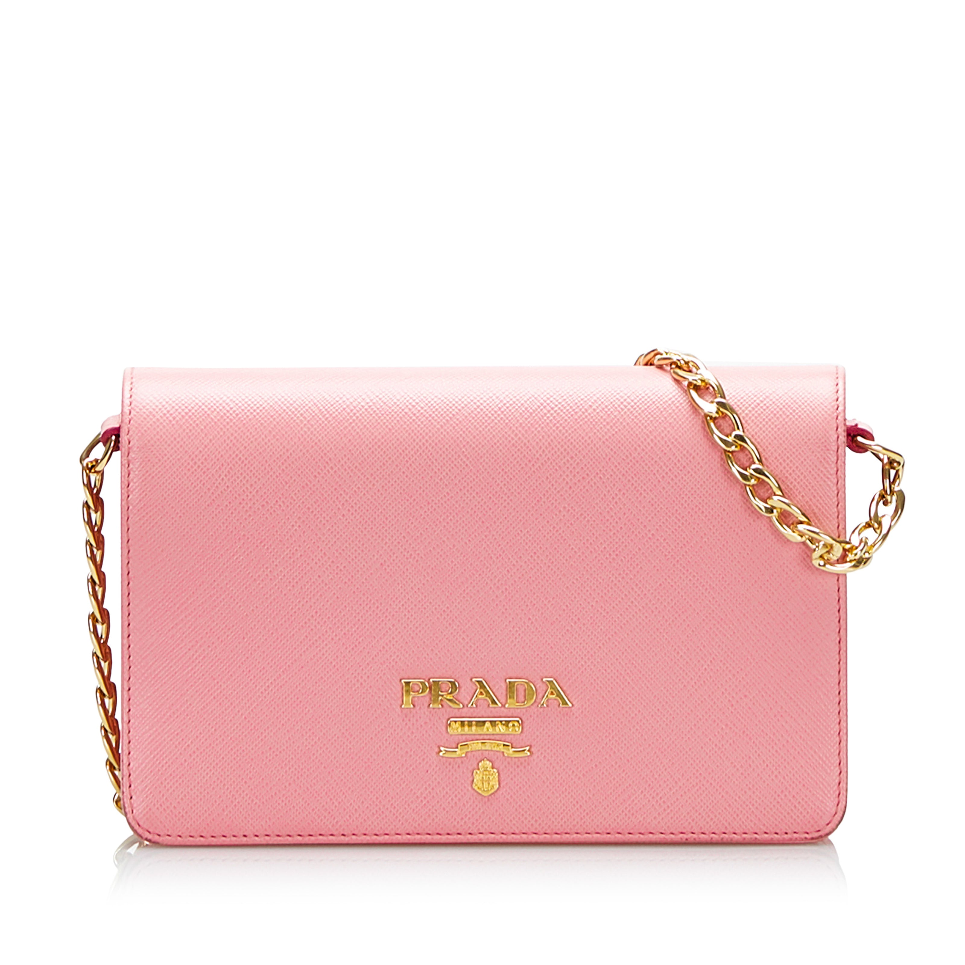 Prada Pink Saffiano Leather Wallet on Chain, Luxury, Bags