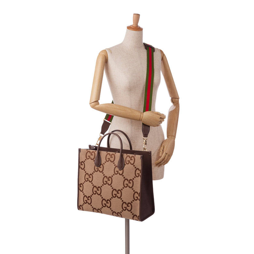 GUCCI GG Jumbo leather-trimmed canvas-jacquard tote